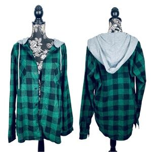 Manfinity green plaid button up grey hooded flannel top size large